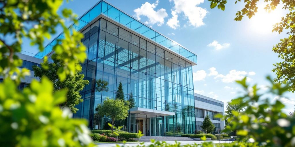 Gambar gedung pengadilan modern dengan arsitektur kaca.