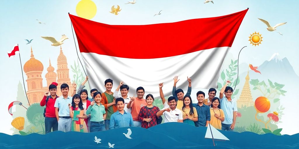 Kelompok orang Indonesia dengan bendera nasional di latar belakang.